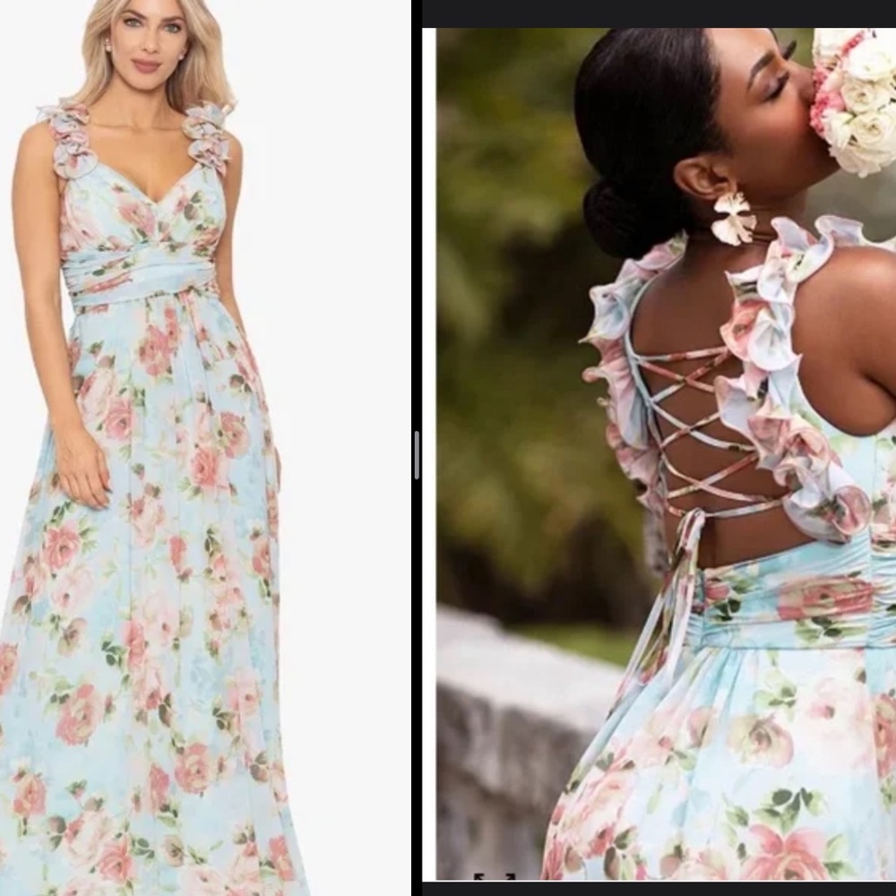 Betsy & Adam Long Wrap Floral Dress strappy back